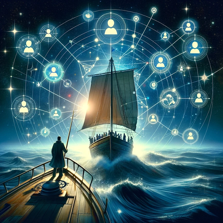 Image conceptuelle représentant un navigateur à la barre d'un navire naviguant à travers des eaux numériques, avec divers personas clients agissant comme des étoiles dans le ciel pour guider le voyage.